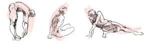 Drawings of three male figures placed in a row, one is bent touching the floor, the next is sitting on the floor with his hanmds behind his back and the third is reclining sideways accross the floor, They are loose yet anatomical in style - drawn with drawing pen and black ink line. Each figure has a pale pink watercolour swoosh behind it suggesting the basic movement of the pose. The work is painted on white art paper.